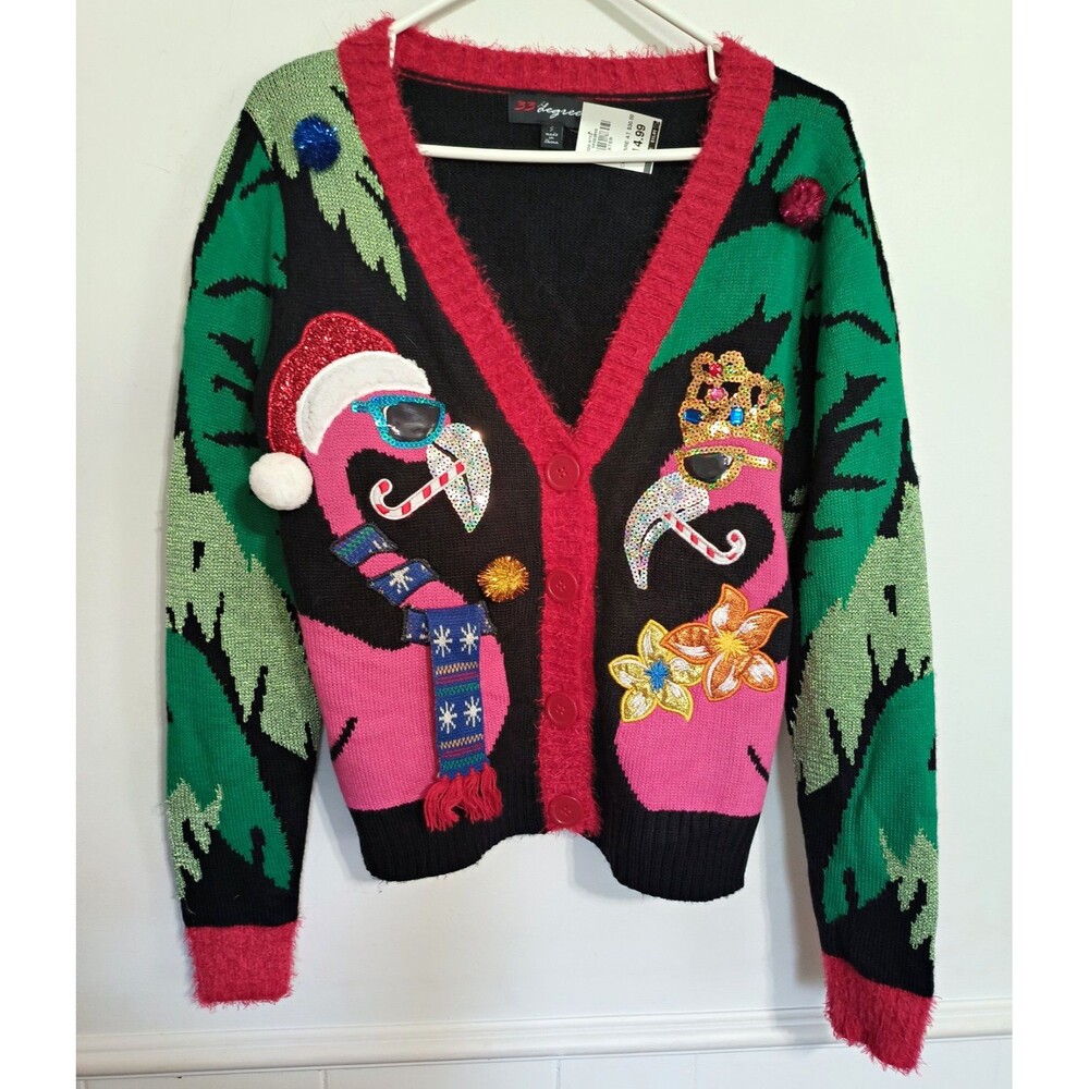 Womens Knit Button Sequin V-Neck Christmas Cardigan ugly Sweater Small grandma